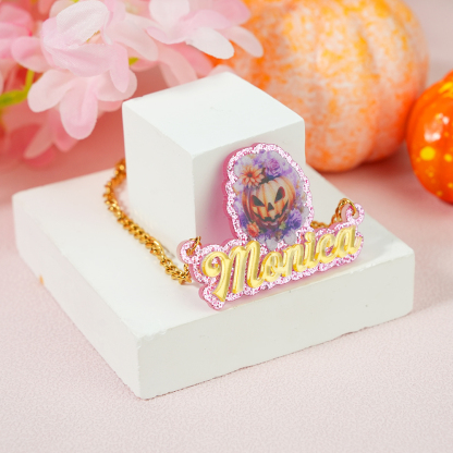 Pumpkin Acrylic Pendant Personalized Name Necklace Halloween Gift