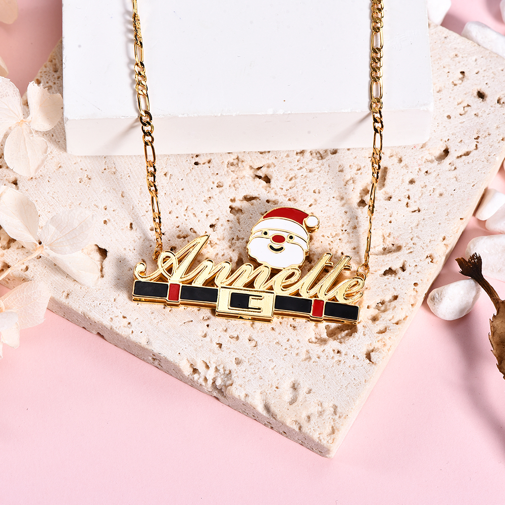 Christmas Father Gold Plated Nameplate Santa Double Layer Personalized Custom Name Necklace