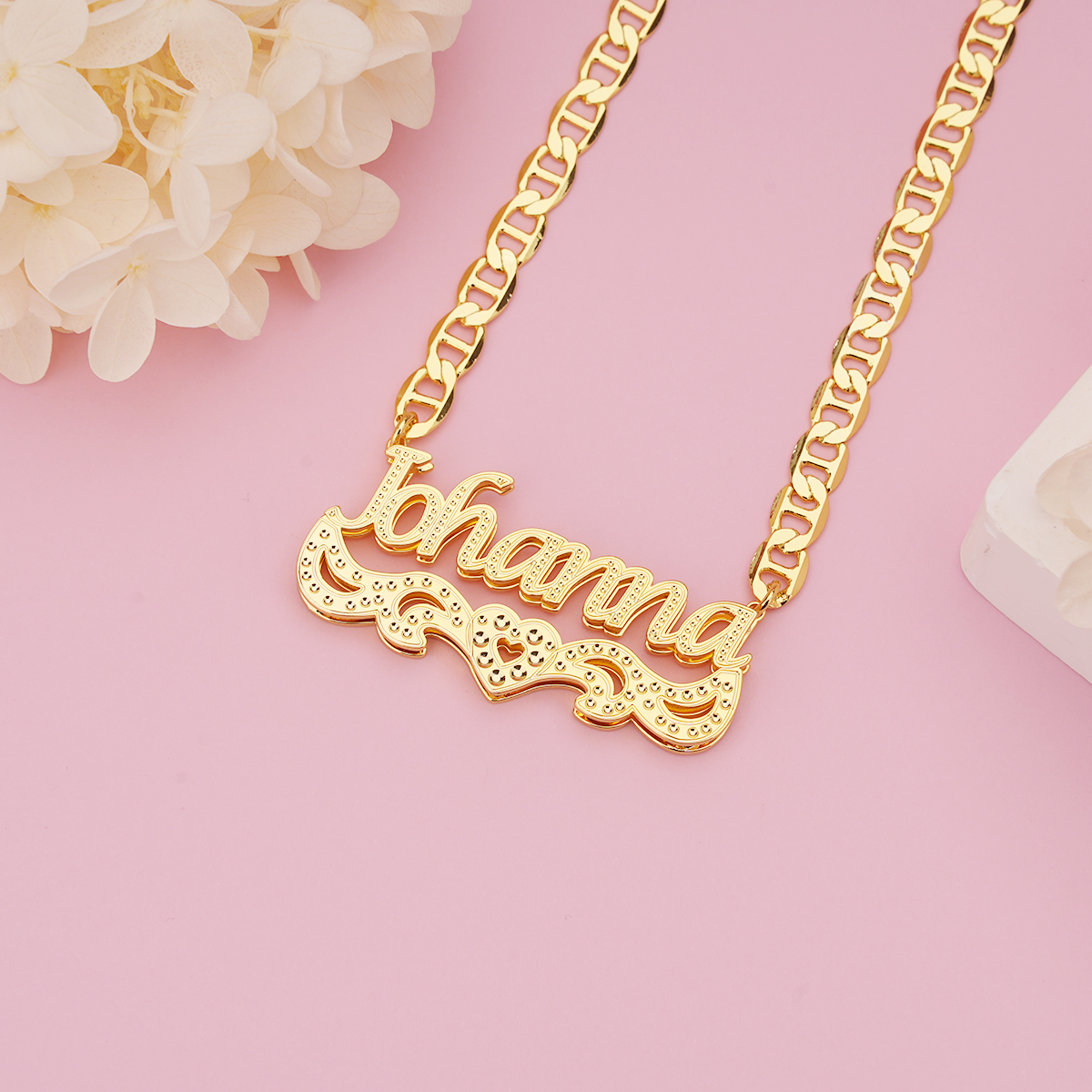 Double Layer Nameplate with Heart Mariner Chain Personalized Name Necklace 