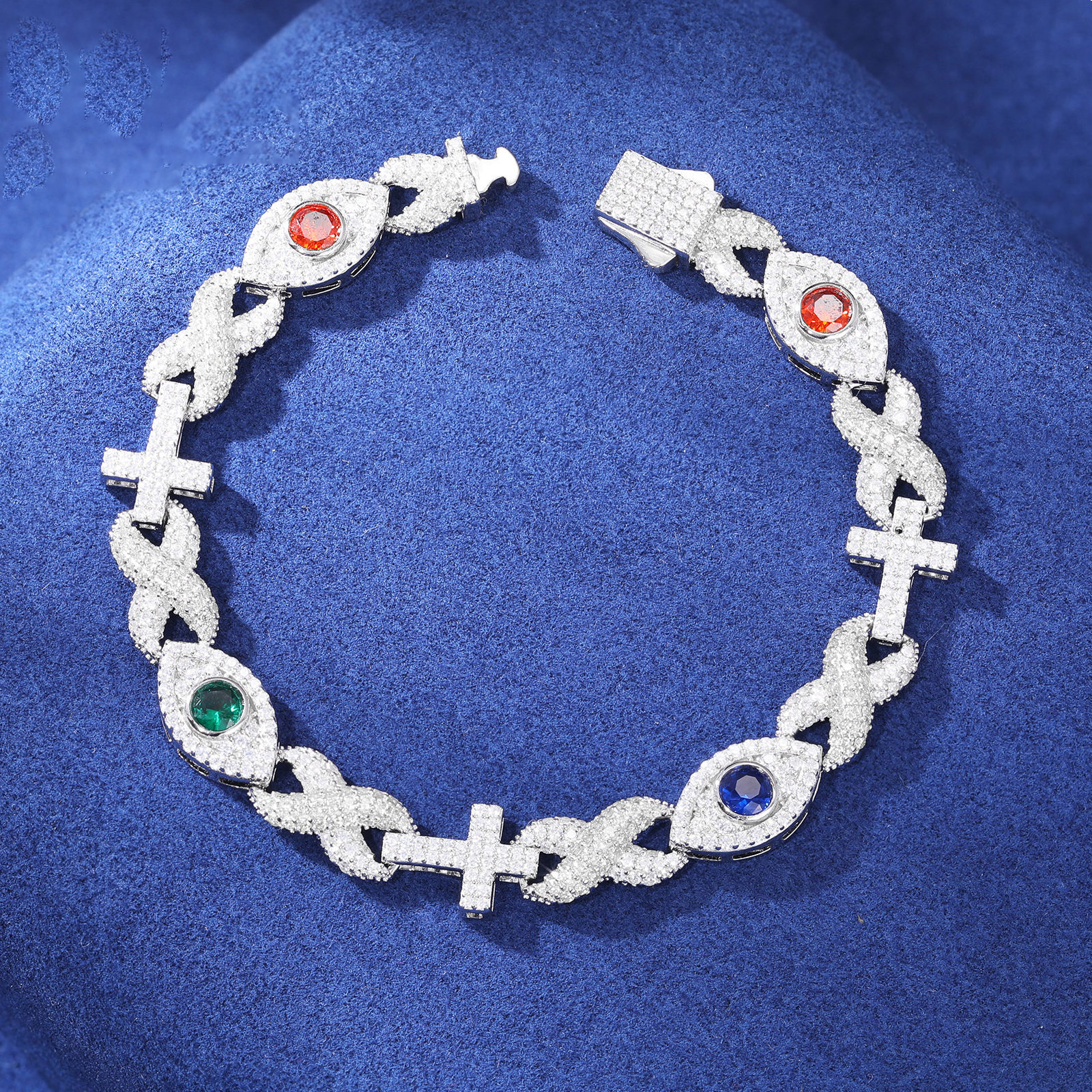 Diamond Iced Out Infinity Cross Evil Eye Cuban Link Bracelet