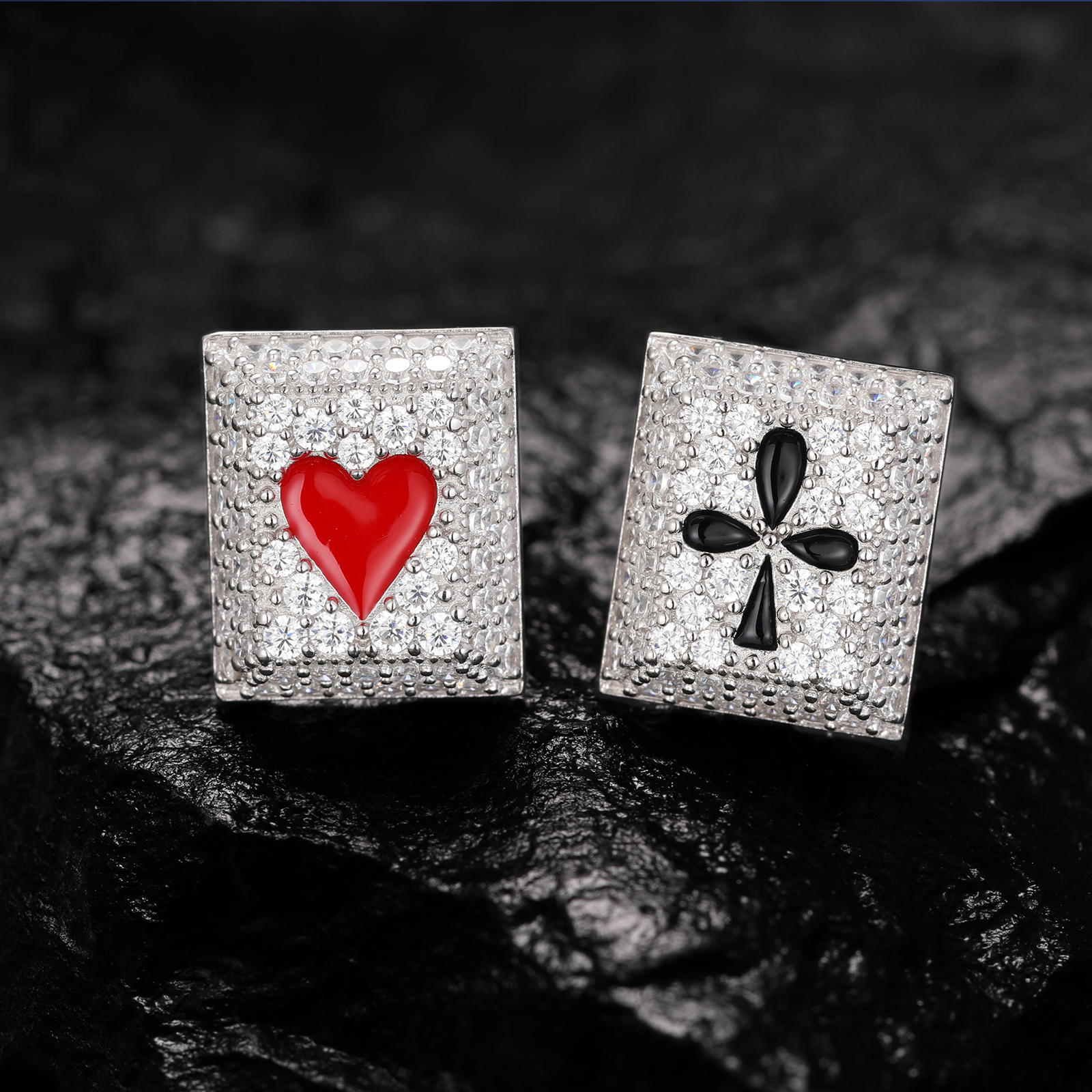 Red Heart And Black Club Poker Stud Earrings Diamond Cut Earrings White Gold