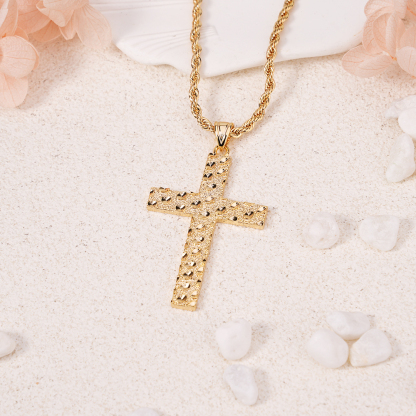 Gold Plated Nugget Cross Pendant Rope Chain Necklace