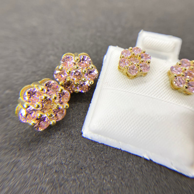 Gold Flower CZ Pink Hexagon Stud Earrings Gold Plated Diamond Cut Earr