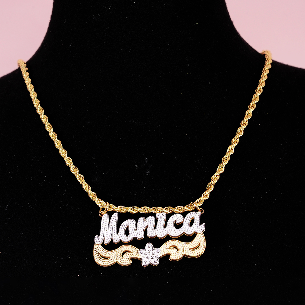 Double Plate Two Tone Flower Personalized Custom Name Necklace with Little Heart 