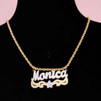 Double Plate Two Tone Flower Personalized Custom Name Necklace with Little Heart 