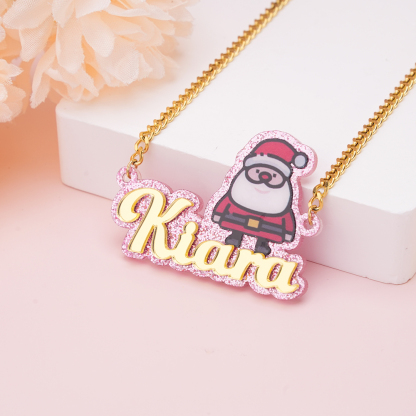 Personalized Pink Acrylic Santa Claus Name Necklace Christmas Gifts