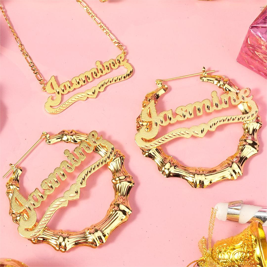Personalized Diamond Cut Name Necklace with Heart And Nameplate Bamboo Earrings Set