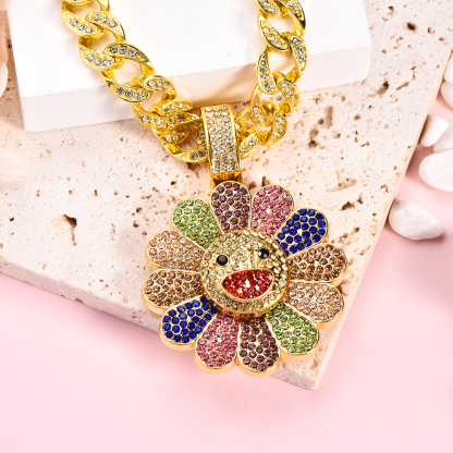 Sunflower Crystal Rotatable Iced Out Cuban Chain Hip-hop Necklace