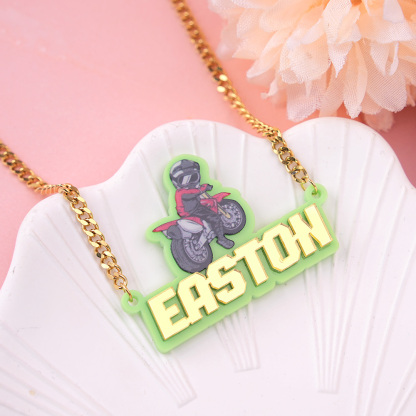 Acrylic Cool Racer With Motorcycle Rider Curb Chain Personalized Name Necklace 
