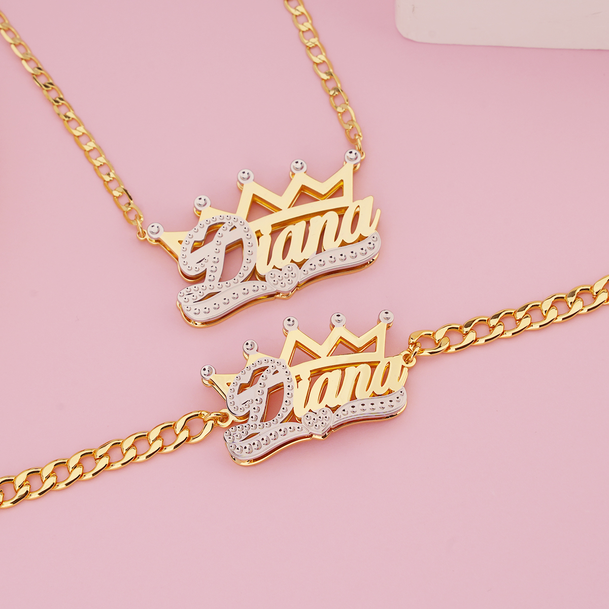 Double Layer Crown Nameplated Personalized Name Necklace And Name Bracelet 2pc Set