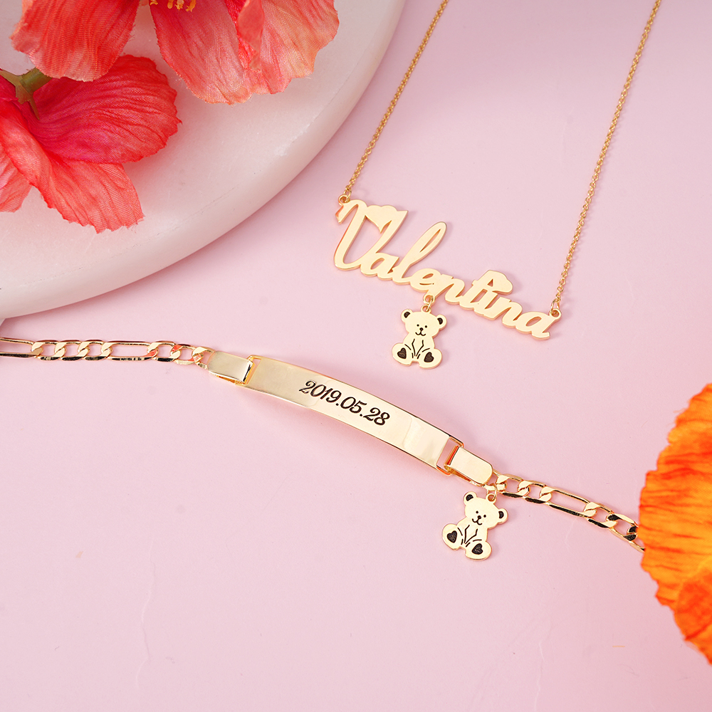 Teddy Bear Pendant Personalized Heart Name Necklace And Name Bracelet Set
