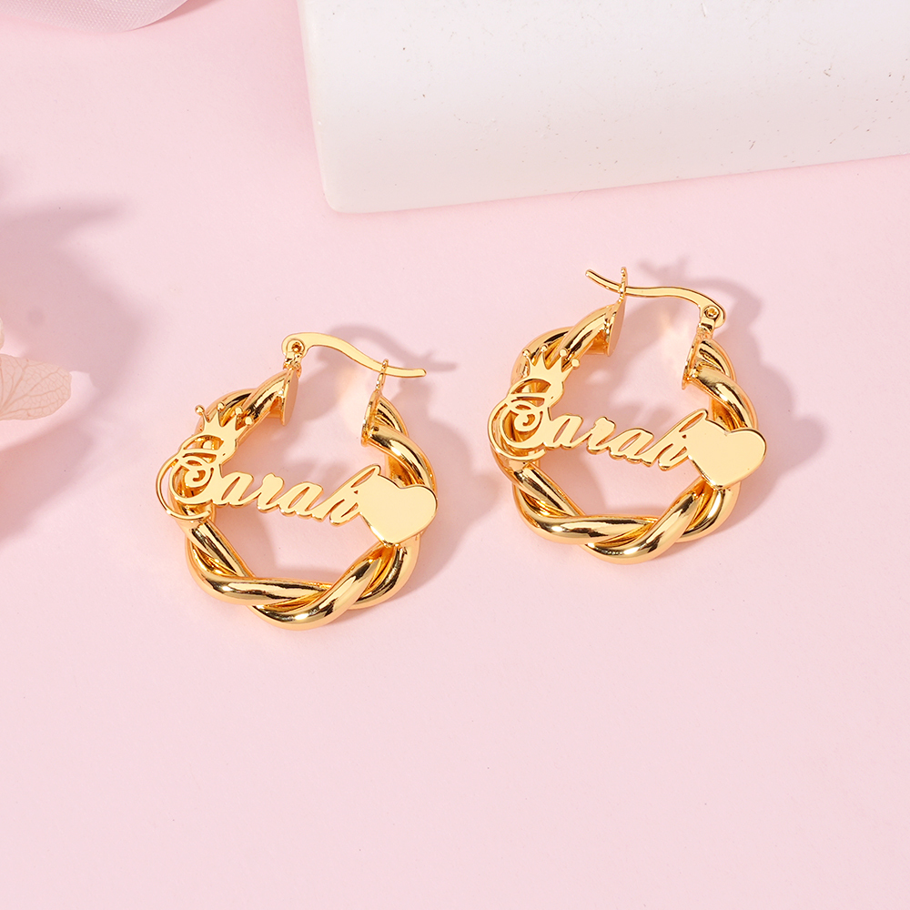 22mm Crown Mini Twist Hoop Earrings Personalized Name Earrings Custom Gold Plated