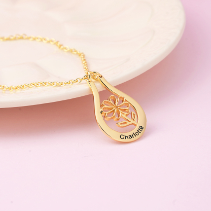 Personalized Birth Flower Gold Plated Engraved Name Ring Holder Necklace