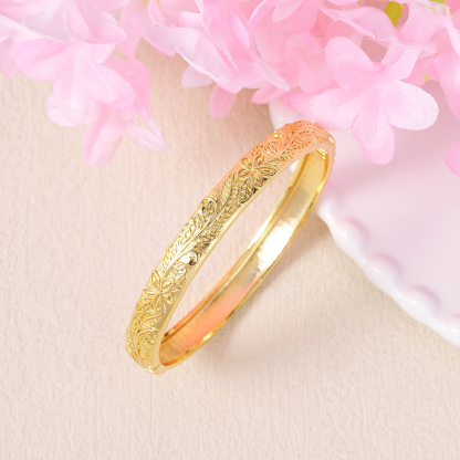 3D Diamond Cut Plumeria Flower Design Nugget Style Gold Plated Bangle Bracelet
