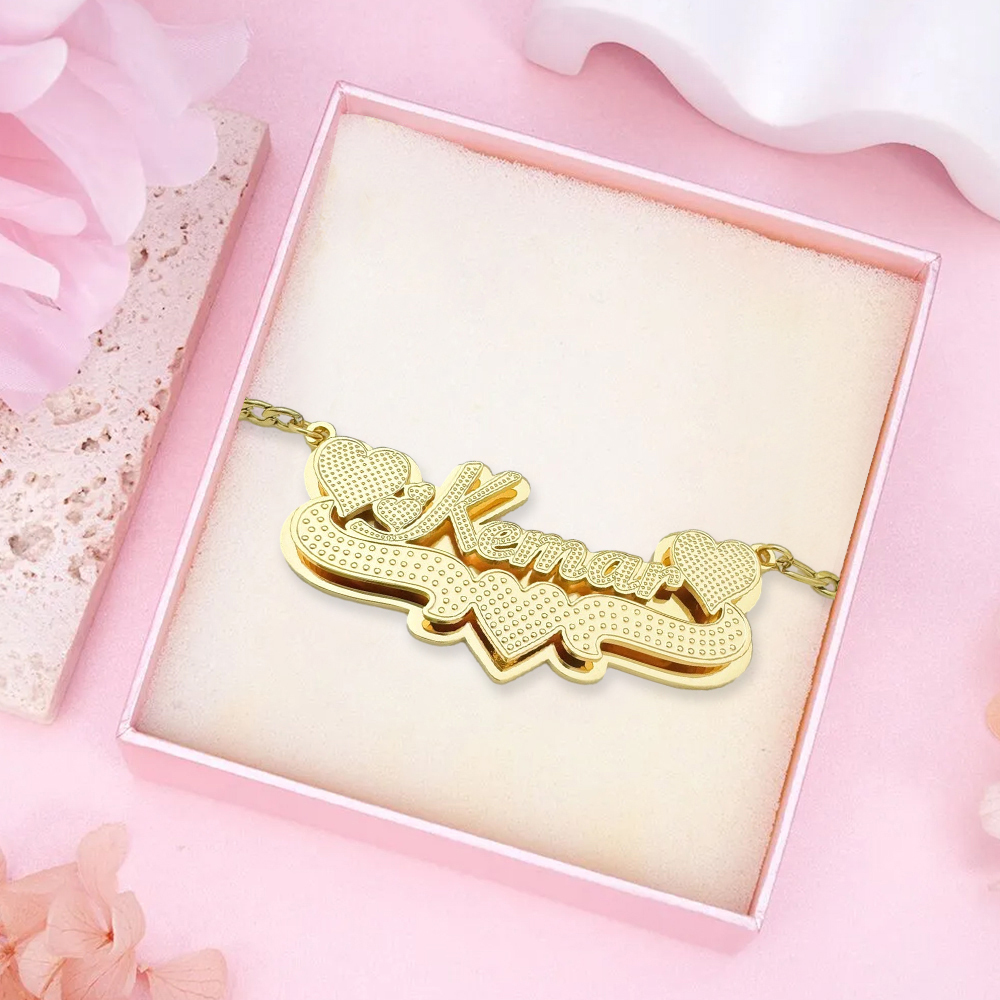 Custom Double Plated Two Heart 3D Name Necklaces