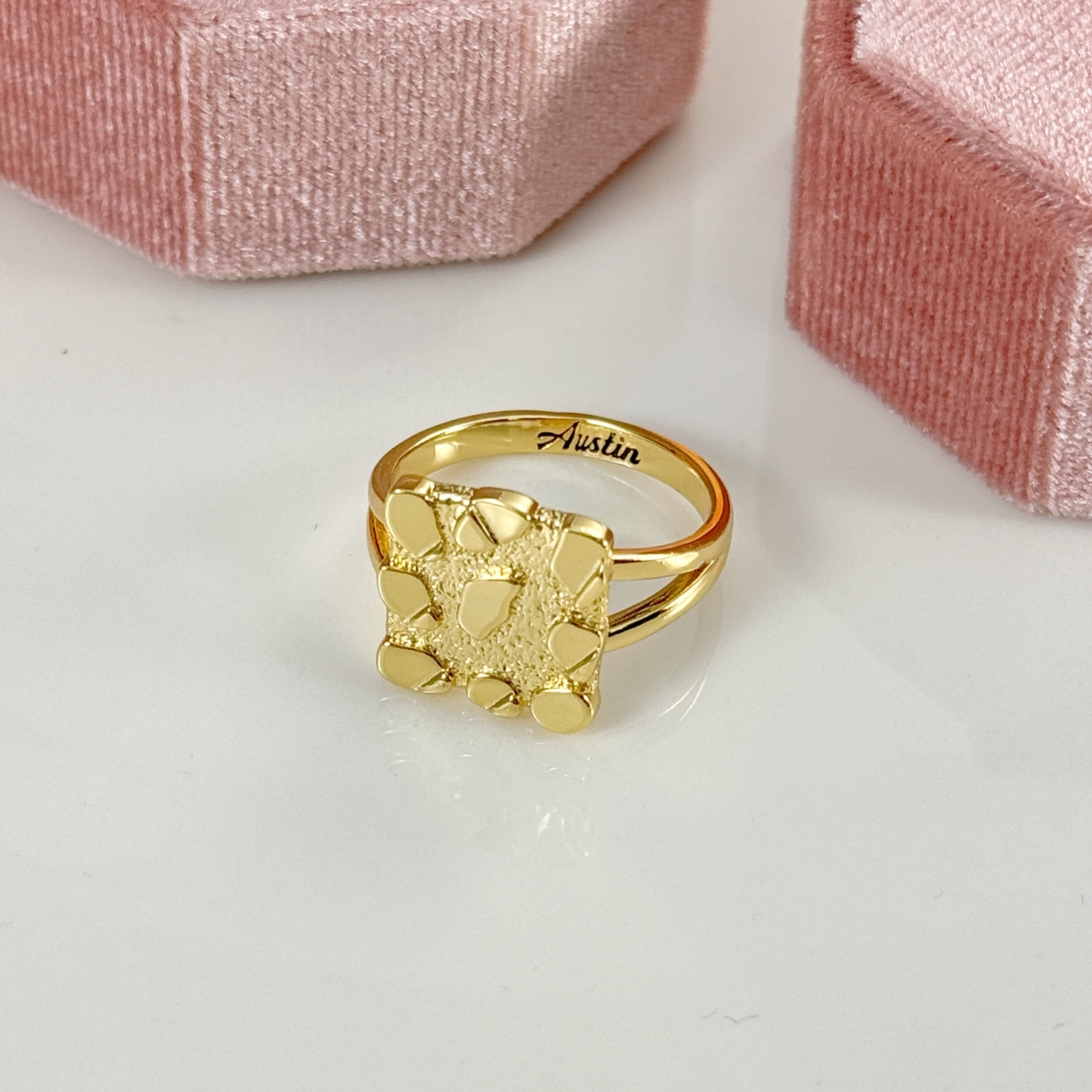 Vintage Nugget Diamond Cut Square Ring Custom Engraved Text