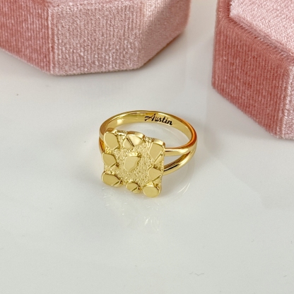 Vintage Nugget Diamond Cut Square Ring Custom Engraved Text
