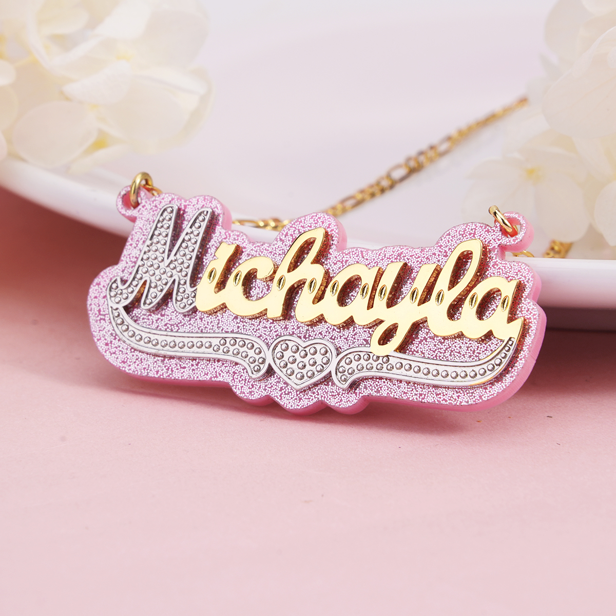 Double Layer Pink Acrylic Two Tone Custom Gold Plated Name Necklace with Heart