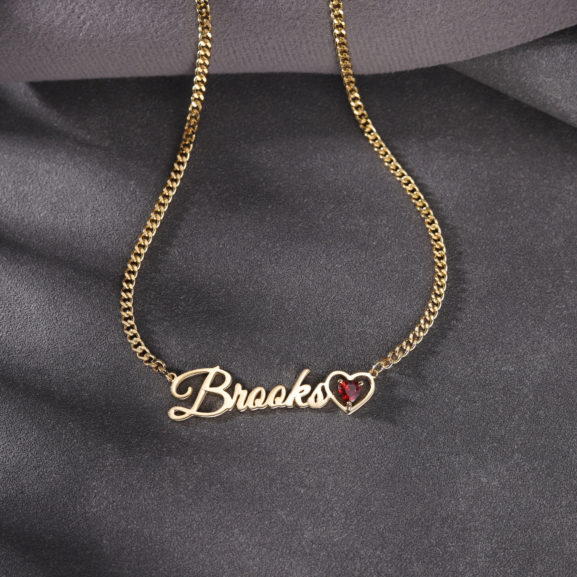 Personalized Gold Plated Heart Birthstone Nameplate Necklace