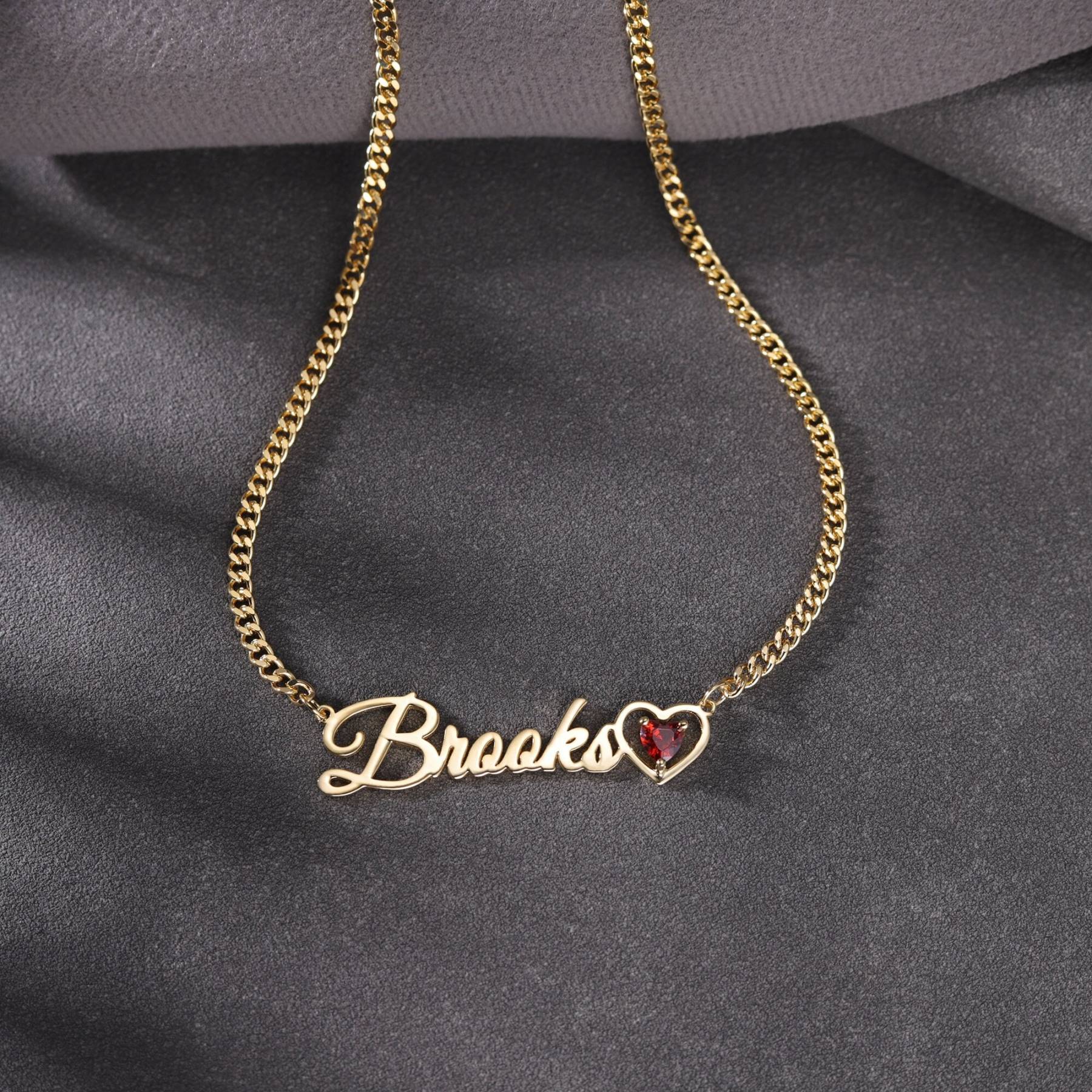 Personalized Gold Plated Heart Birthstone Nameplate Necklace