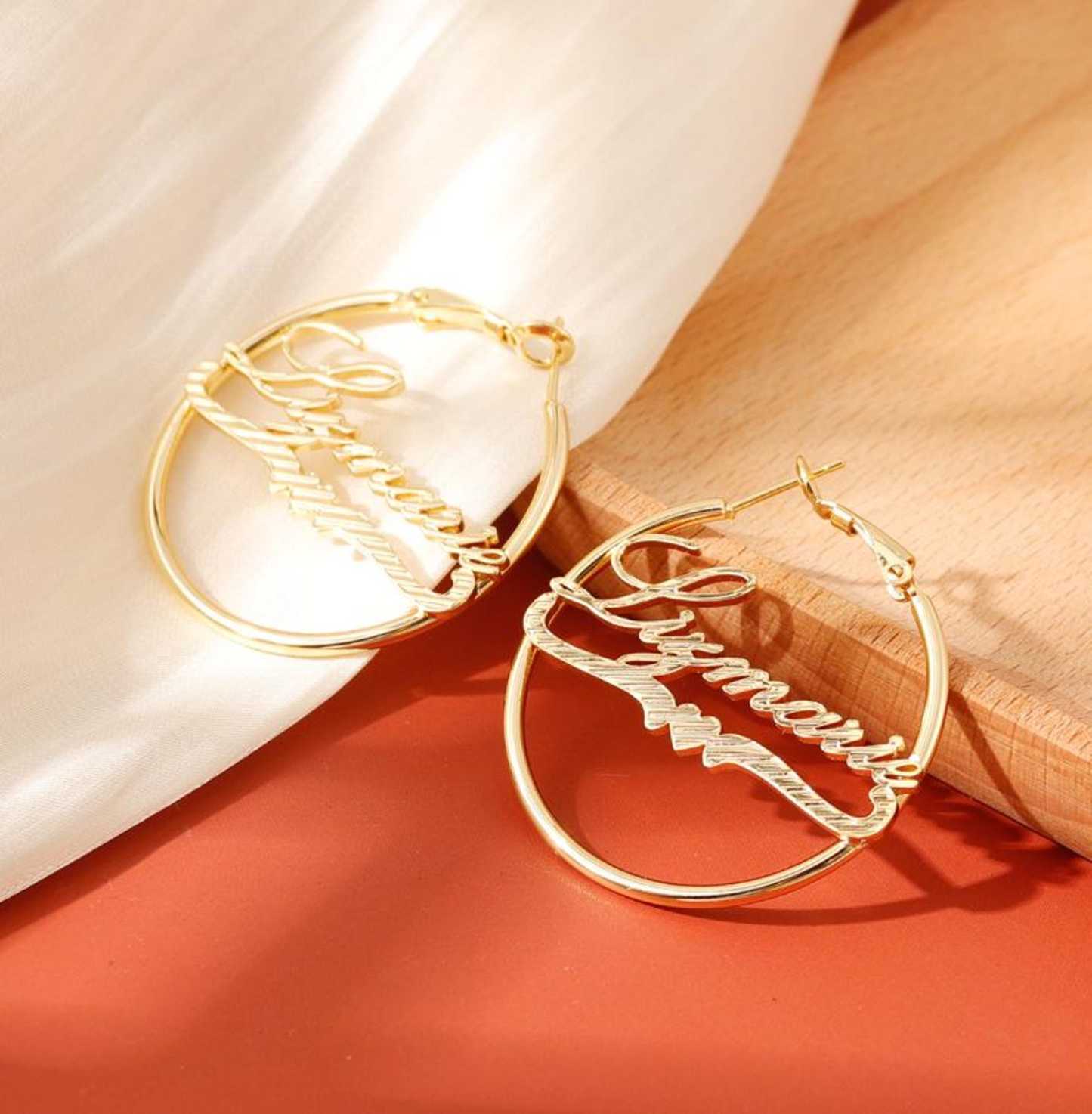 Diamond Cut Heart Nameplate Personalized Hoop Earrings