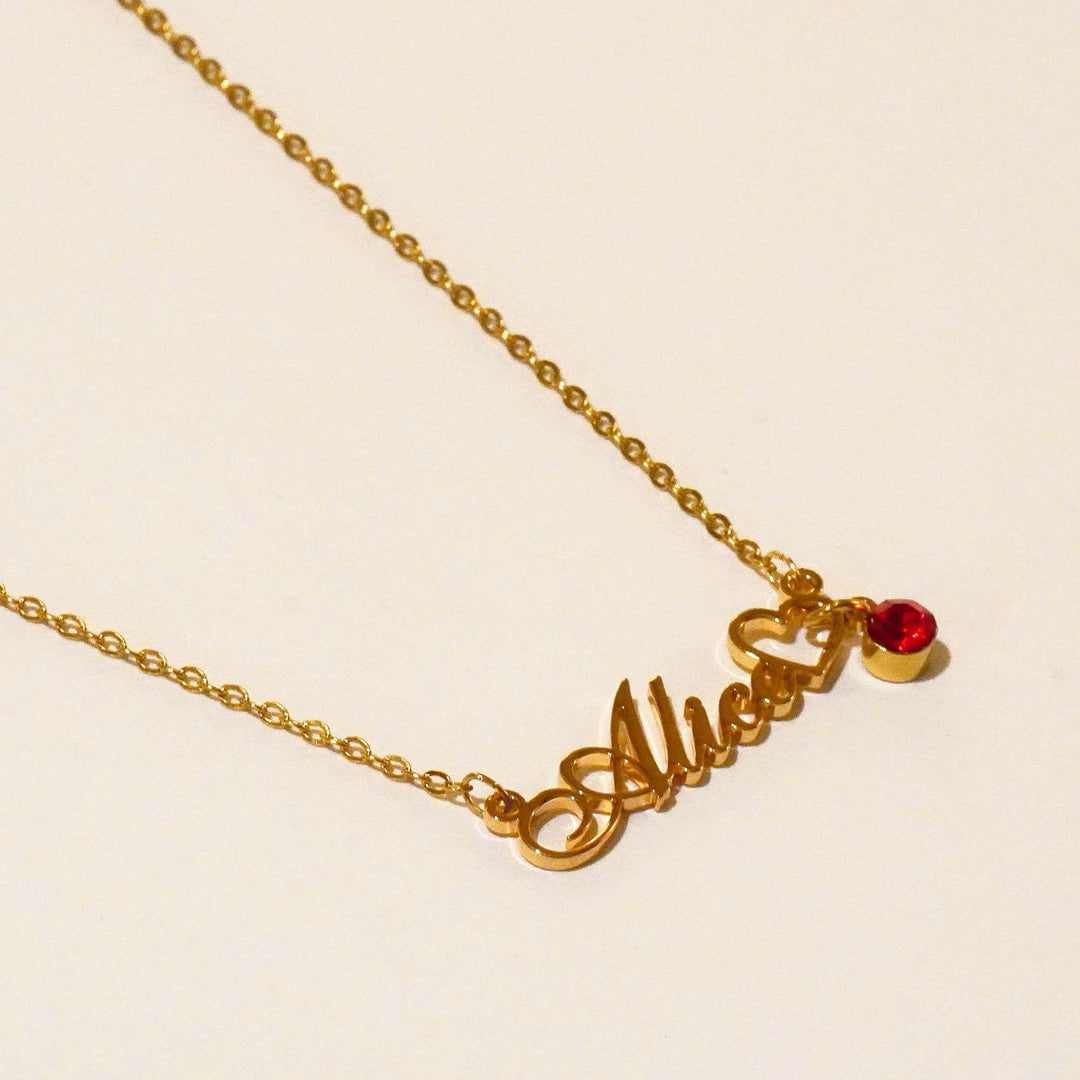 Gold Plated Personalized Heart Name Necklace with Birthstone Pendant