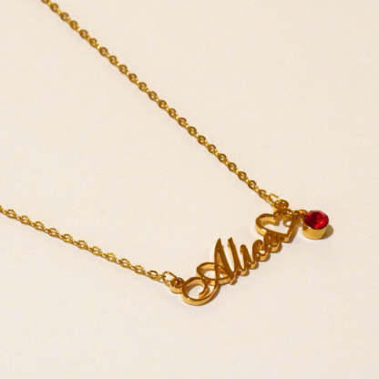 Gold Plated Personalized Heart Name Necklace with Birthstone Pendant