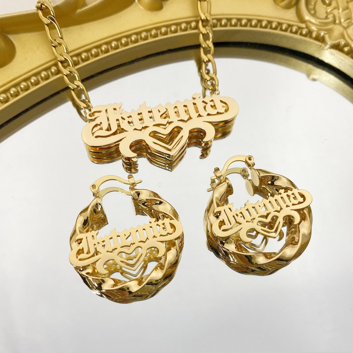 Custom Old English Heart Name Necklace Earrings Jewelry Set