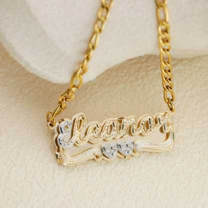 Two Tone Double Plate Custom Name Necklace with Two Hearts