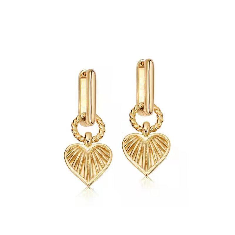 Heart Shaped Textured Carved Long Earrings Gold Plated Women Gifts