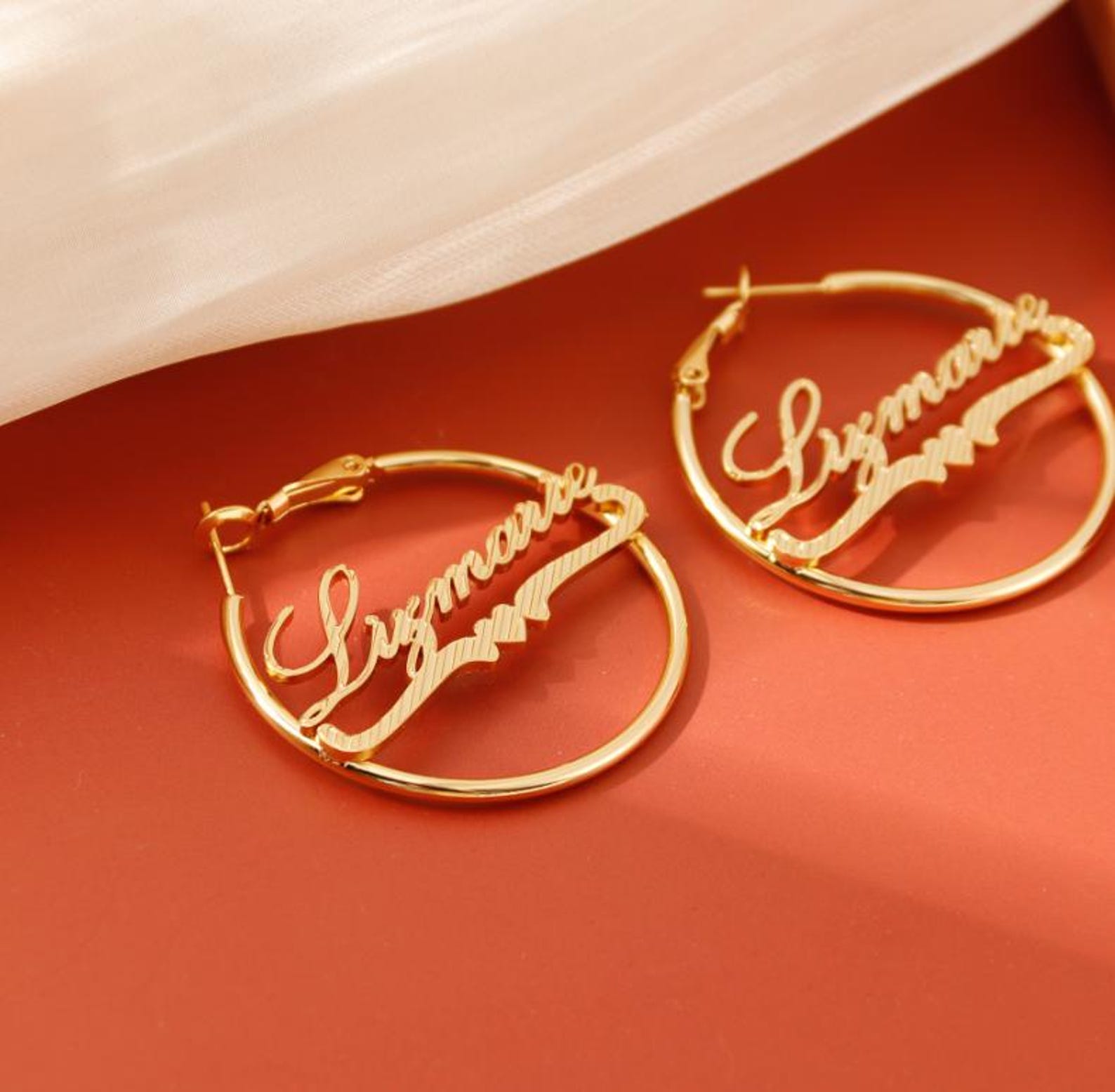 Diamond Cut Heart Nameplate Personalized Hoop Earrings