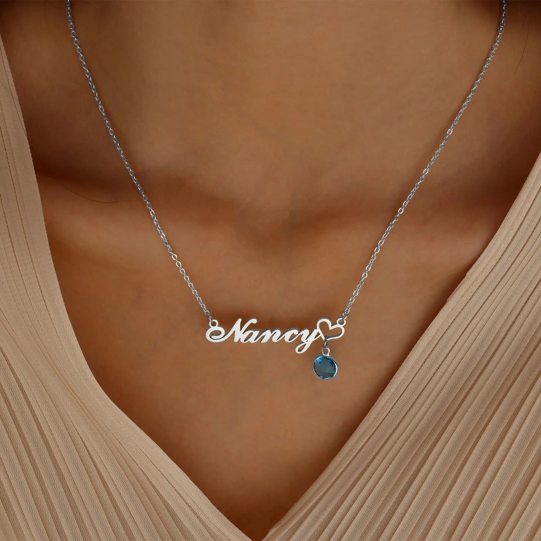 Gold Plated Personalized Heart Name Necklace with Birthstone Pendant
