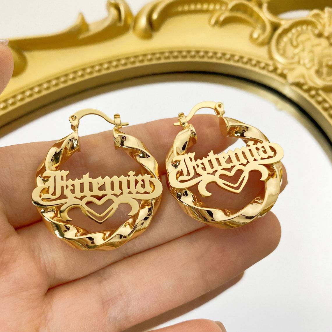 Custom Old English Heart Name Necklace Earrings Jewelry Set