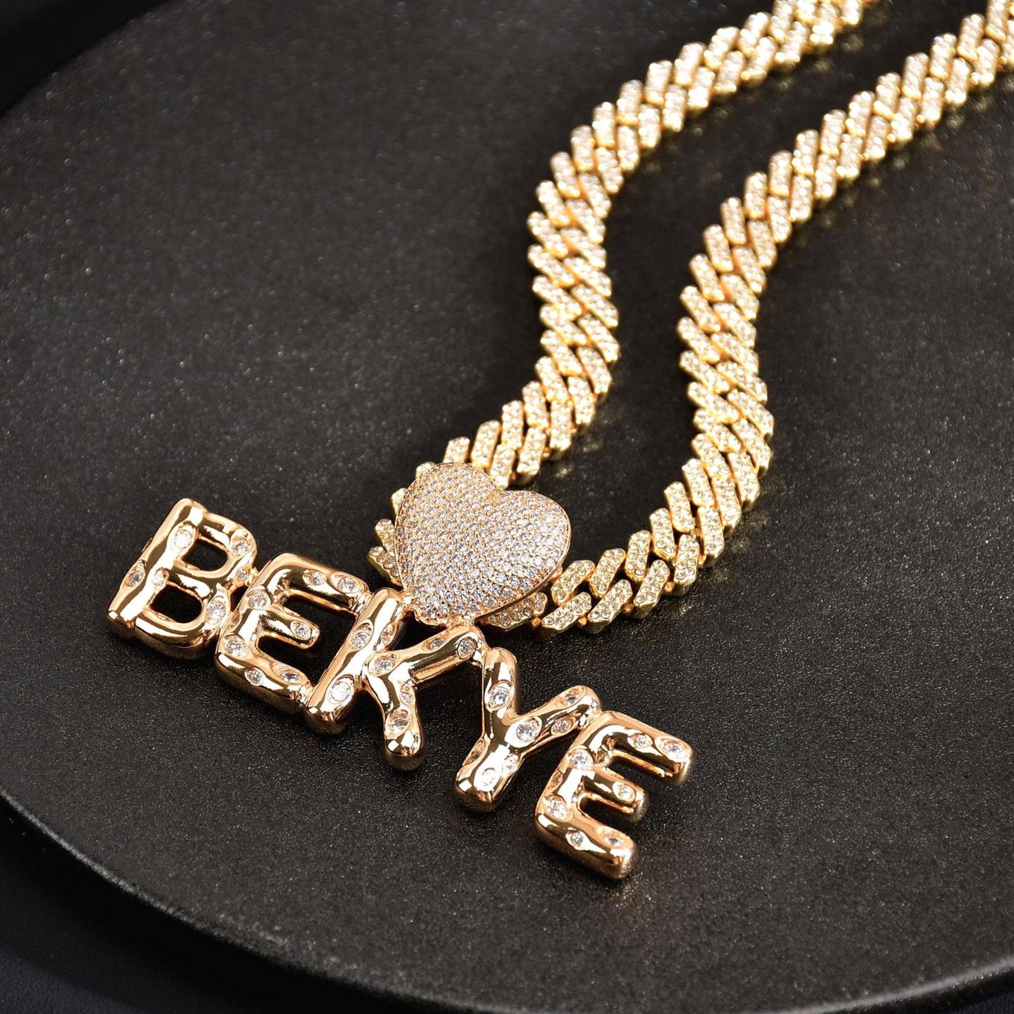 Iced Out Cuban Chain Hip Hop Heart Pendant Bubble Letters Name Chain