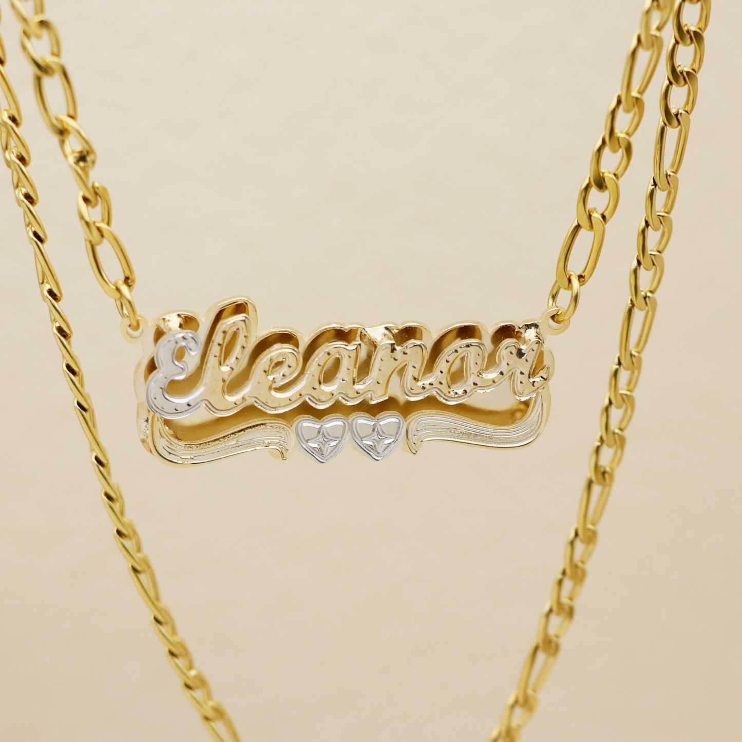 Two Tone Double Plate Custom Name Necklace with Two Hearts