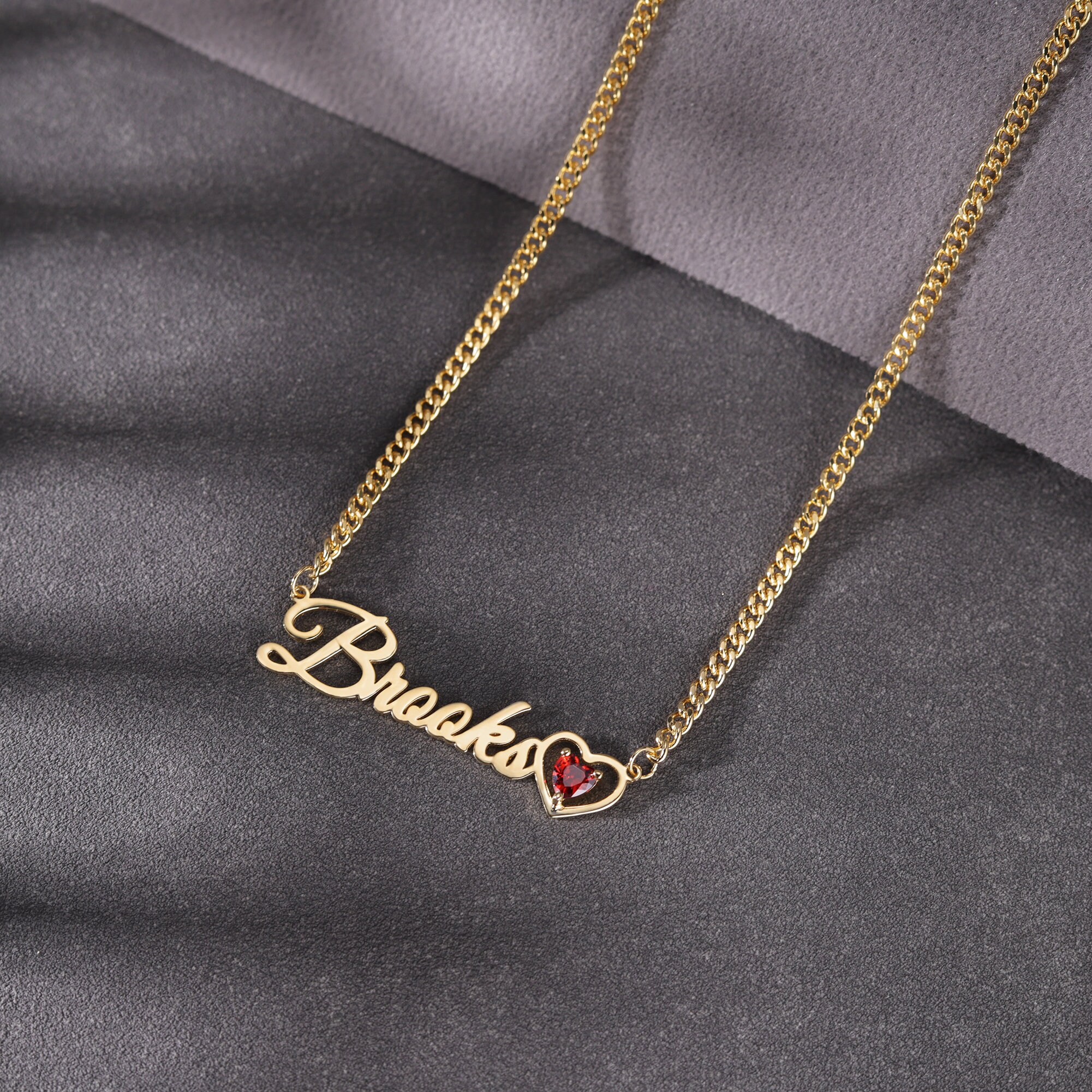 Personalized Gold Plated Heart Birthstone Nameplate Necklace