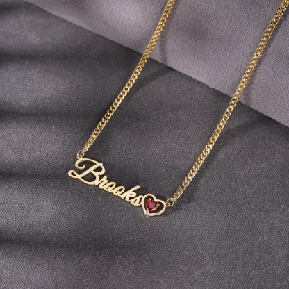 Personalized Gold Plated Heart Birthstone Nameplate Necklace
