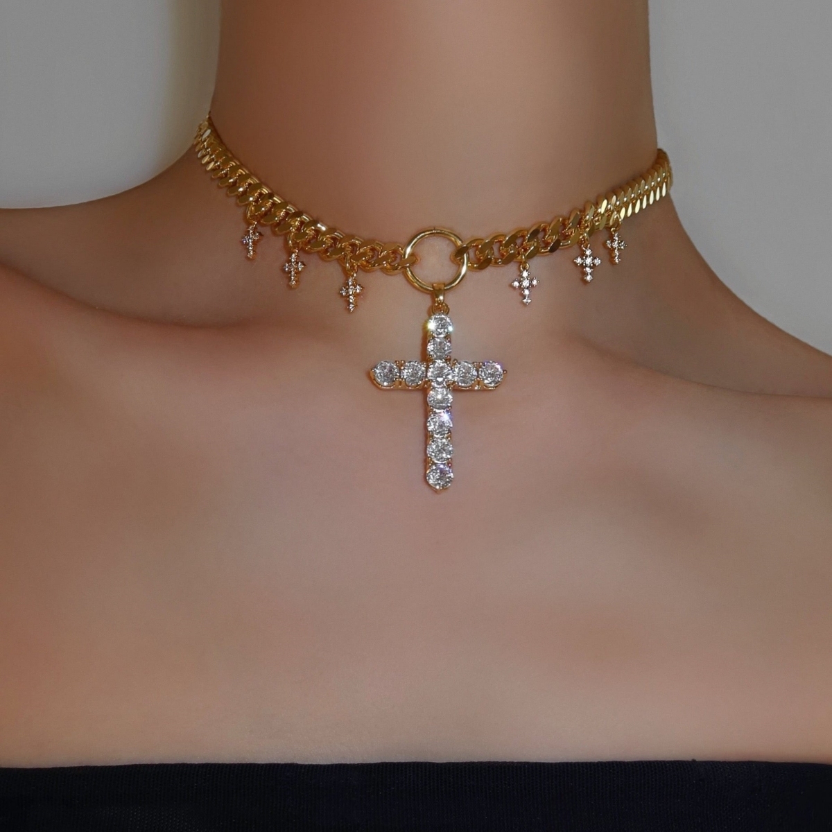 Cuban Chain Zircon Cross Pendant Necklace Gold Plated