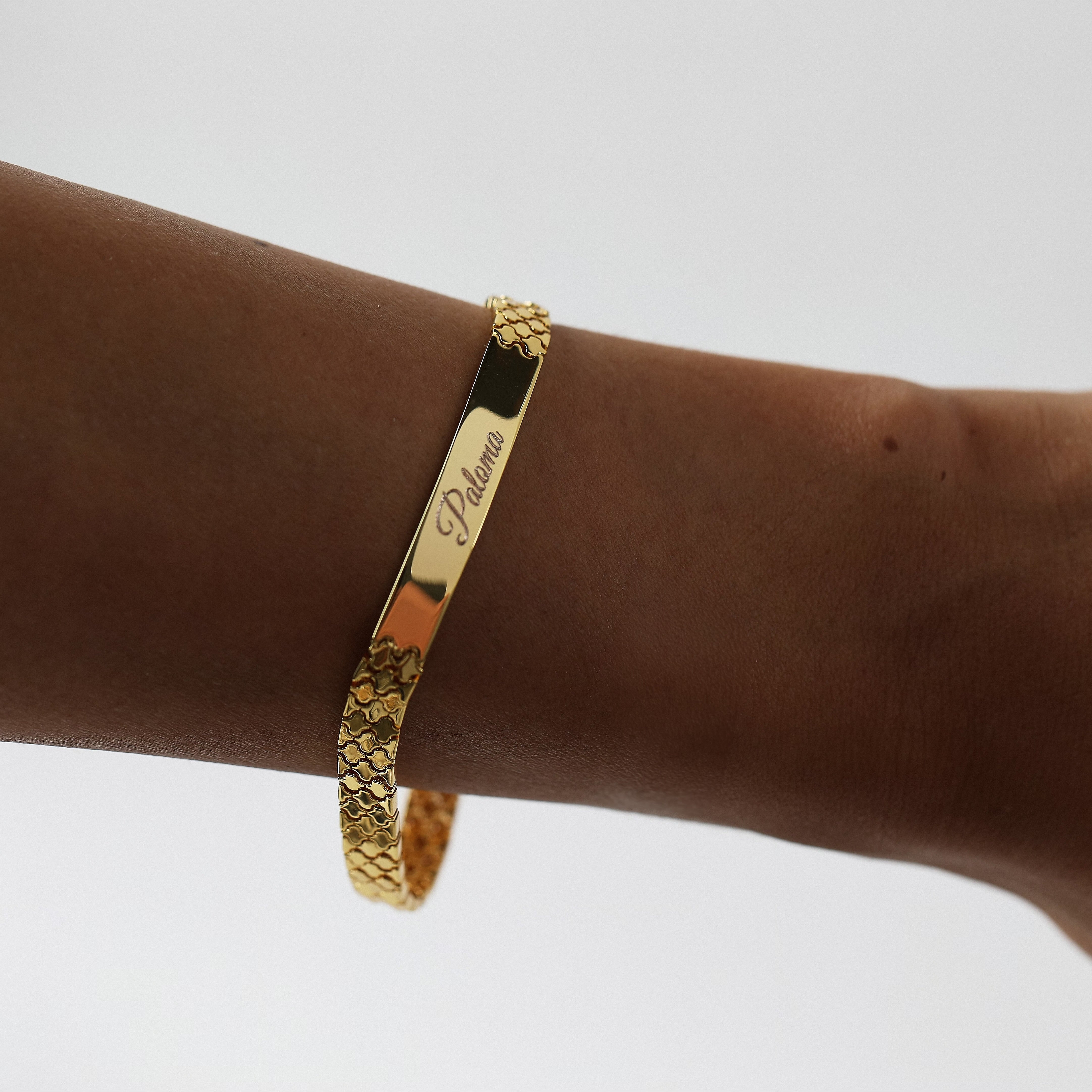 Custom Engraved ID Bar  Name Bracelet Golden Watch Band Chain