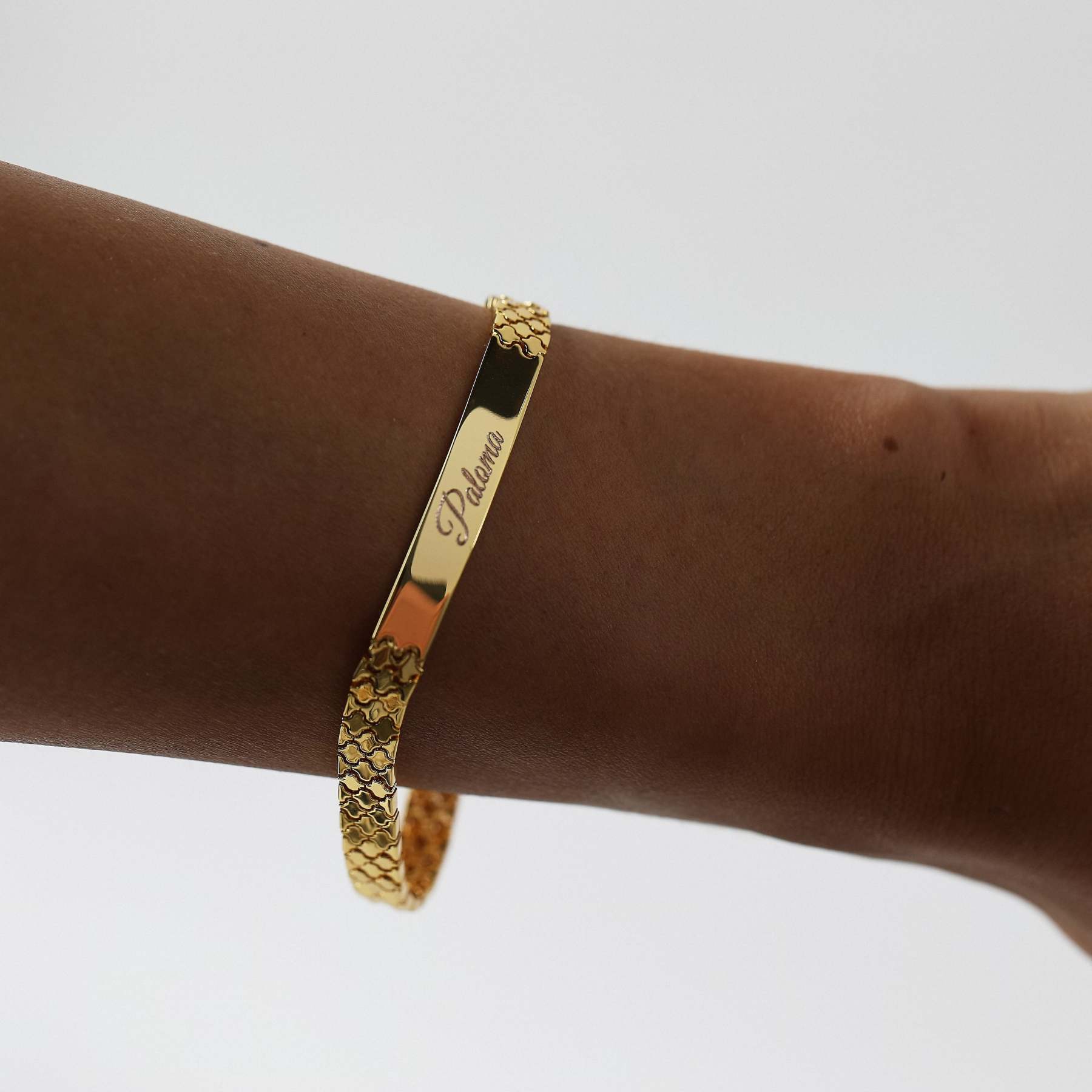 Custom Engraved ID Bar  Name Bracelet Golden Watch Band Chain