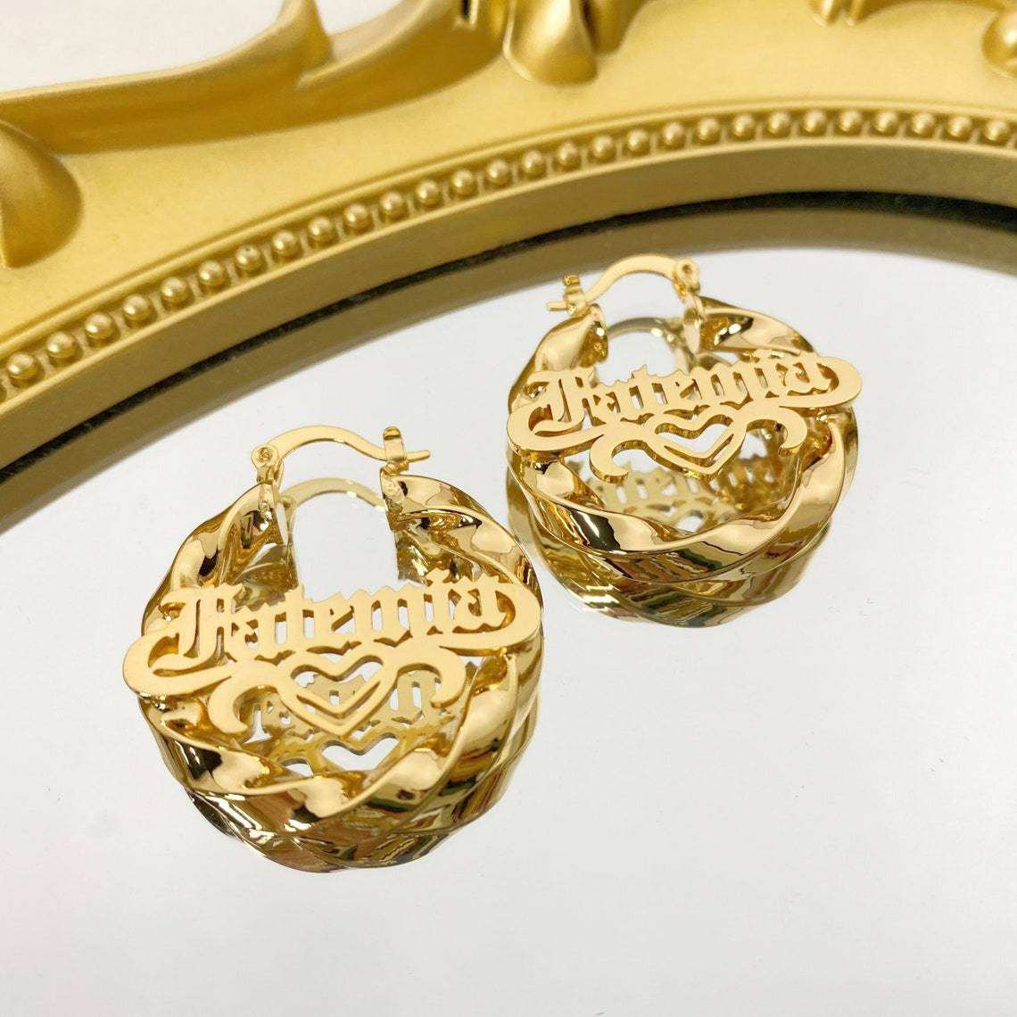 Custom Old English Heart Name Necklace Earrings Jewelry Set