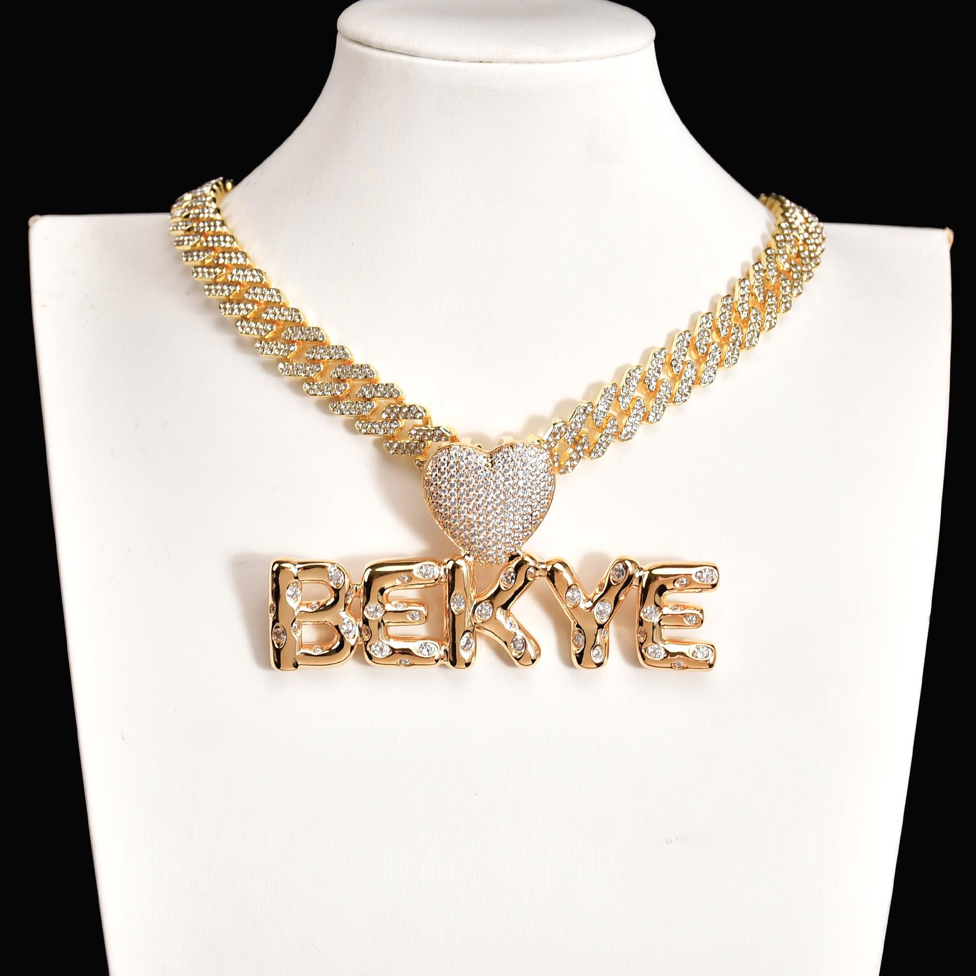 Iced Out Cuban Chain Hip Hop Heart Pendant Bubble Letters Name Chain
