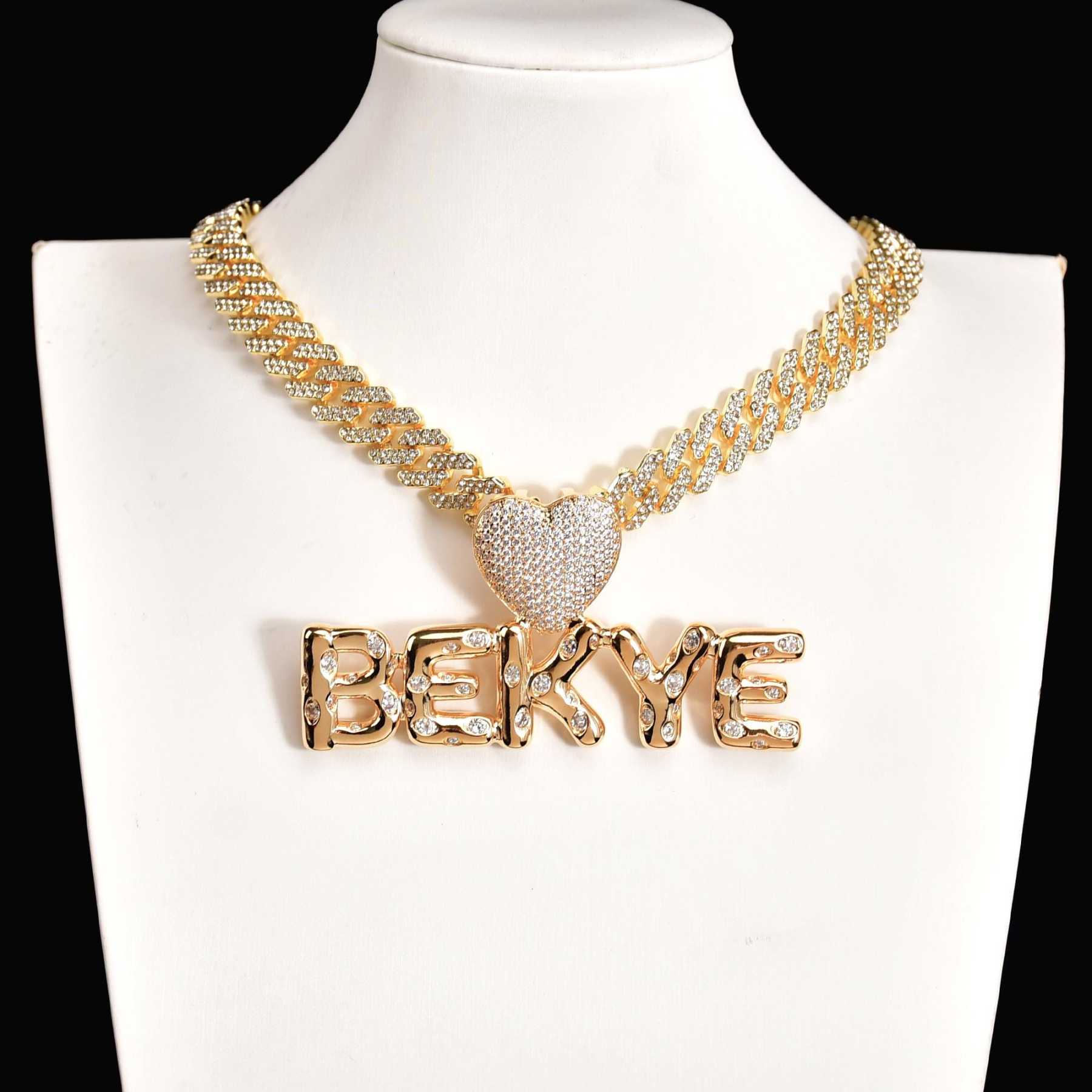 Iced Out Cuban Chain Hip Hop Heart Pendant Bubble Letters Name Chain