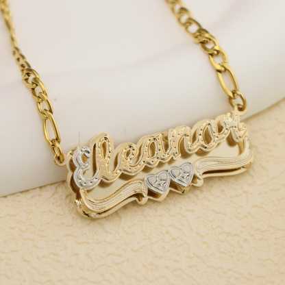 Two Tone Double Plate Custom Name Necklace with Two Hearts