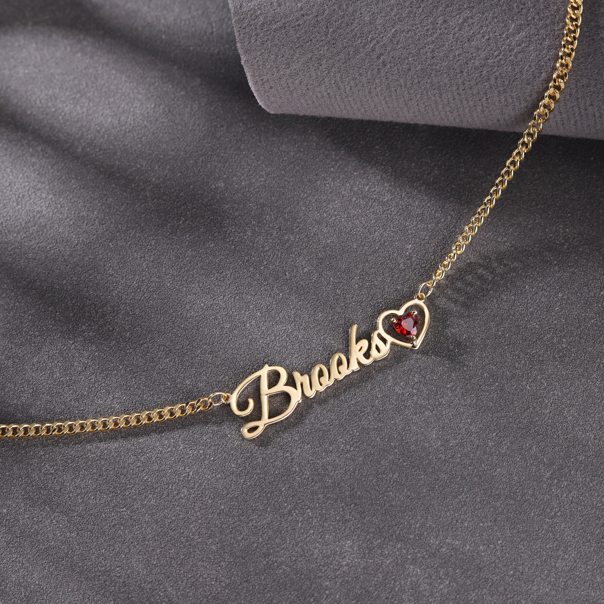 Personalized Gold Plated Heart Birthstone Nameplate Necklace