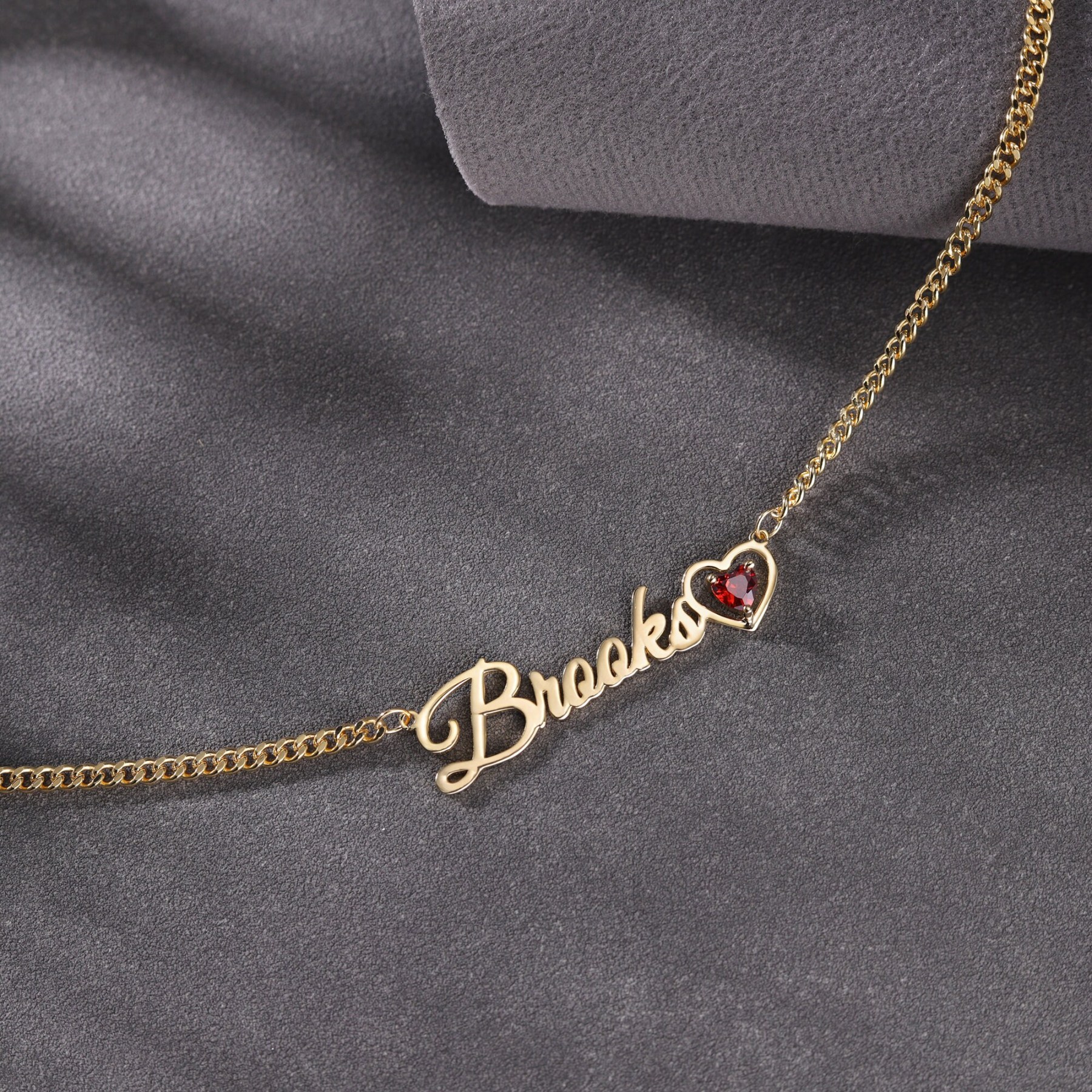 Personalized Gold Plated Heart Birthstone Nameplate Necklace