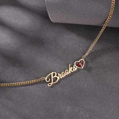 Personalized Gold Plated Heart Birthstone Nameplate Necklace