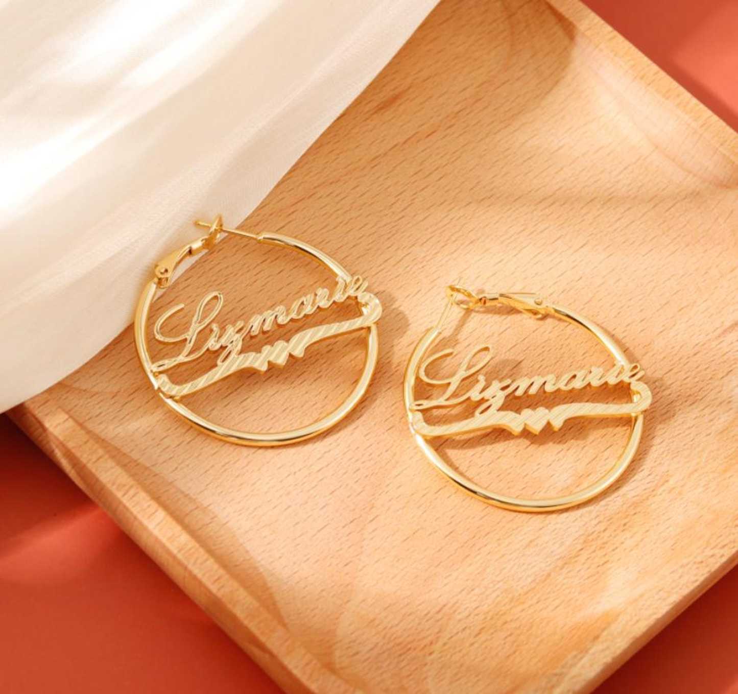 Diamond Cut Heart Nameplate Personalized Hoop Earrings