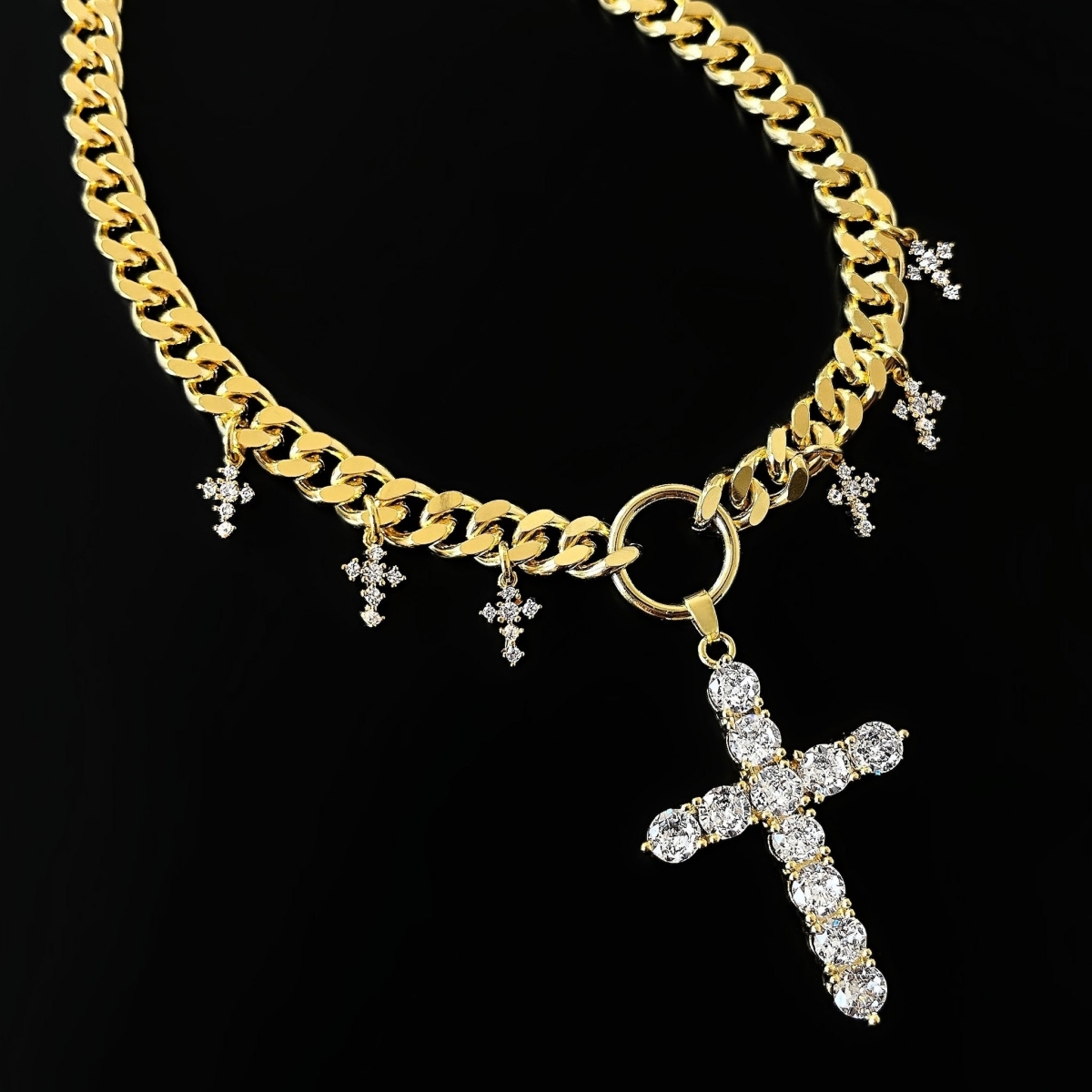 Cuban Chain Zircon Cross Pendant Necklace Gold Plated