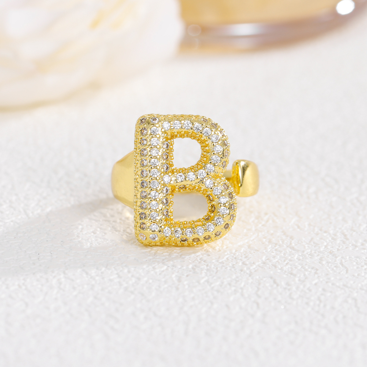 Zirconia Custom Initial Letter Open Ring Stainless Steel